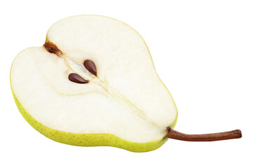 Half of green yellow pear fruit isolated on transparent background. Full depth of field.