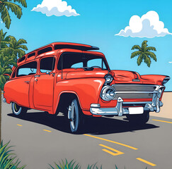 Obraz na płótnie Canvas illustration design of retro car with landscape view, generative art by A.I.
