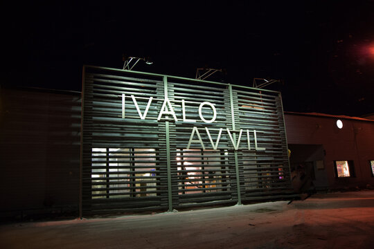 Facade of Ivalo airport building at night. Arrival airport for tourist looking for northern lights. Finish Lapland, 2013 March 31st