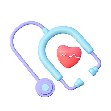 Red heart with Stethoscope. The icon is about the patient's care. Listening to the heart. 3d rendering illustration.