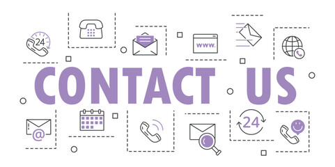 Contact us line banner. Collection of icons for website. Support service and hotline, call center for customers. Feedback and FAQ. Cartoon flat vector illustrations isolated on white background