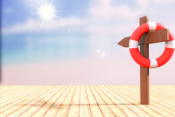 Wooden signage at the entrance to the beach with a float on the signage. Summer time. 3d render