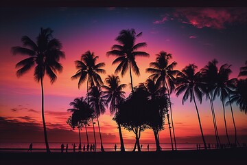 Tropical Beach at Dusk with Softly Colored Sky and Colorful Array of Palm Trees