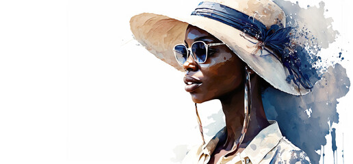 Fashion portrait. Black woman wearing a sunhat and sunglasses, watercolor illustration. Generative AI