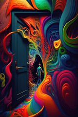 Colorful abstract background with a man exiting a door. Generative AI