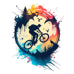 Naklejka na ściany i meble Mountain Bike Jumping, T-Shirt Design, Icon, White Background. Generated by artificial intelligence.