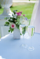 Champagne glasses, wedding table setting for wedding buffet reception banquet