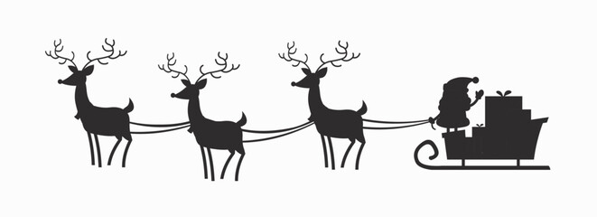 Christmas characters Black silhouette. Santa claus with gifts on sleigh with reindeer. Design element for invitation and greeting card. Winter holiday and New Year. Cartoon flat vector illustration