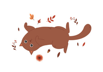 Playful cat with autumn foliage. Charming brown kitten lying with leaves, and berries. Cute pet and domestic animal. Poster or banner for website. Fall season. Cartoon flat vector illustration