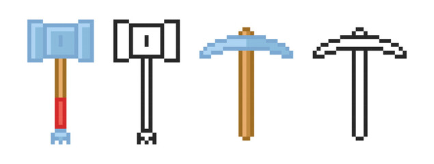 Hammer and Pickaxe  icon in pixel style. Set of retro pixelated icons.