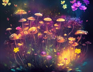 Mushrooms and Flowers in a Fantasy Forest