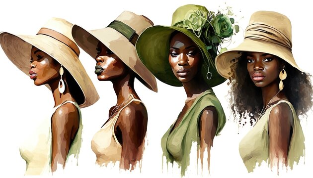 Hat Fashioned, High Fashion Models Showing New Sunhat Collection, Watercolor Illustration