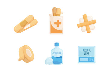 Medicine and Healthcare concepts.Basic First aid kit,basic first aid.wound plaster,wound plaster pack,Gauze pad,wound dressing tape,Alcohol for cleaning wounds 70 percent and cotton ball © Garun Studios