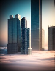 skyscrapers from a city high up in the clouds, tall skyscraper towering fluffy white clouds