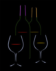 Wine bottles and stemware wine glasses are seen with red and white wine inside in a minimalist style vector image.