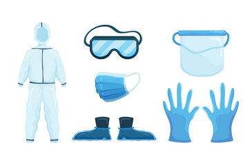 Full PPE personal protective clothing, isolation clothing and safety equipment to prevent corona virus,work safety.Personal protective equipment PPE, Goggles or Eyes visors, Face Shield, Surgical mask