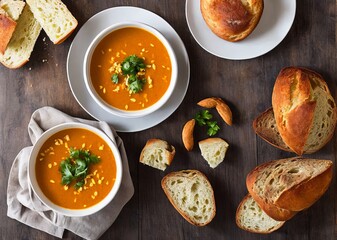 homemade tomato soup with croutons and parsley on a dark background. top view.