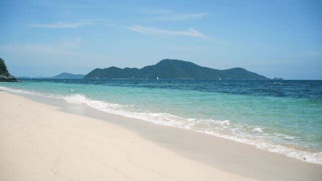 Panorama Sea wave slow water splash shore. tropical beach seaside summer paradise. no people.