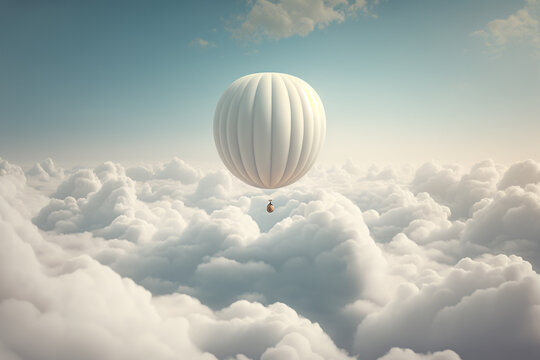 hot air balloon on middle in the clear white sky and pure cloud Generative AI