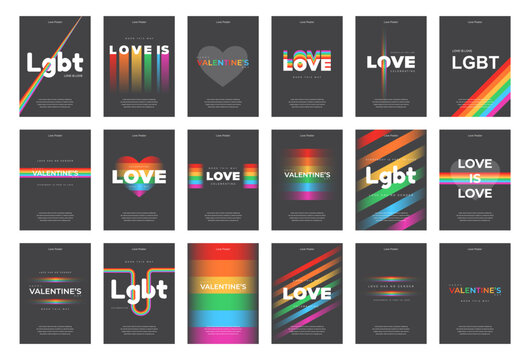 LGBT poster mega set. Happy valentine's day cover on black background. Social media post template design. Colorful rainbow banner for lgbt community event vector illustration