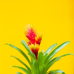 Window plant "vriesea splendens" on yellow background