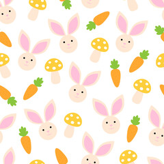 Seamless pattern spring Bunny carrot mushroom vector illustration
