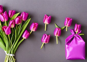 beautiful bouquet of pink tulips on wooden background