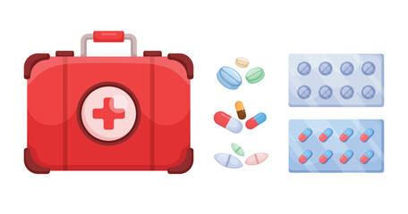 concepts medical supplies. First aid kit, pharmacy drugs. Medical tools vector illustration set. Medical aid healthcare.