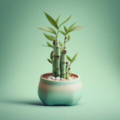 Mini Lucky Bamboo plant in a pot on pastel light green background created with Generative AI Technology