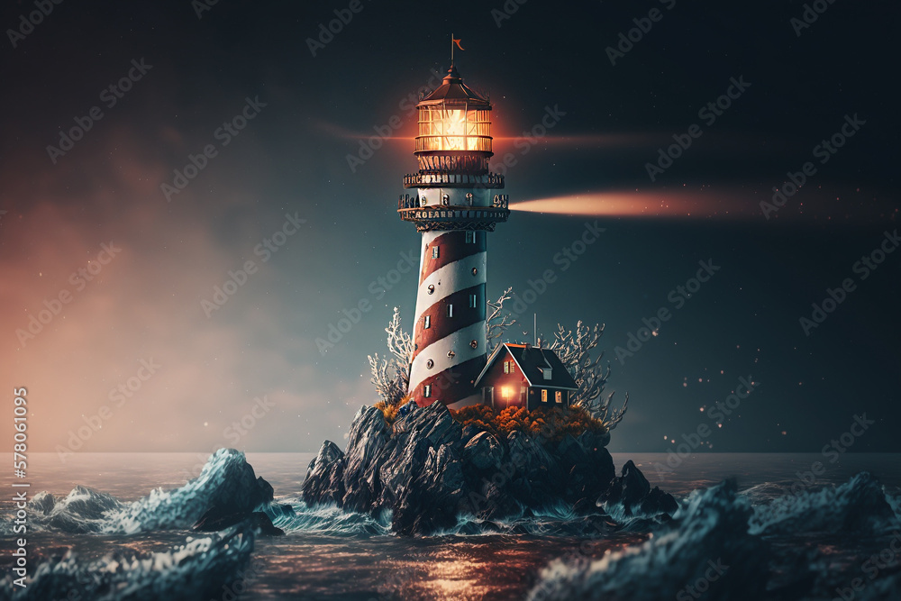 Poster an island with a lighthouse in the sea to illuminate ships generative ai