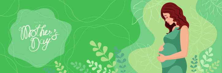 Mothers Day. Vector banner with a pregnant woman, floral decor and congratulatory text. Beautiful young woman hugging her belly