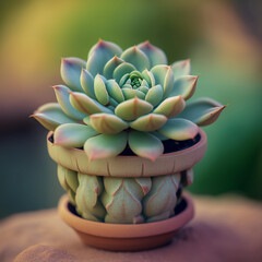 Mini Succulent in a pot on pastel green background created with Generative AI Technology