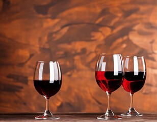 red wine and glass of white and black grapes on a wooden background.
