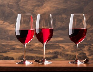 red wine and glass of white and black grapes on a wooden background.