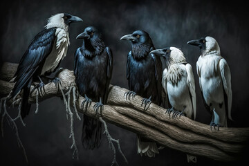 black and white crows ravens on a branch Generative AI