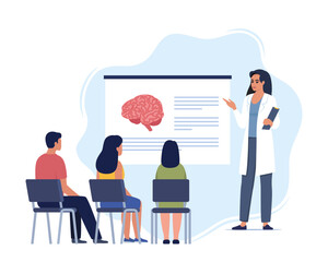 Doctor gives a training lecture about anatomy for students. Doctor presenting human brain infographics. Online medical seminar, lecture, healthcare meeting concept. Vector illustration.