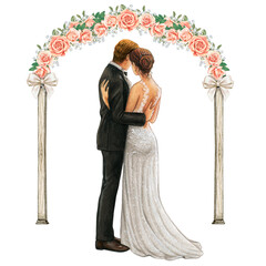 Wedding couple embracing under wedding arch