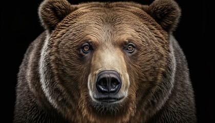 Close-up wild brown furry grizzly bear face black background wallpaper created with generative AI technology