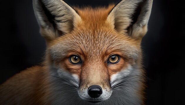 Close-up wild ginger furry fox face black background wallpaper created with generative AI technology