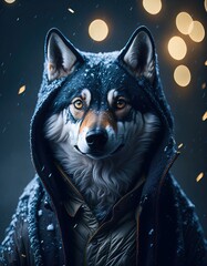 A cute humanoid wolf wearing a jacket 