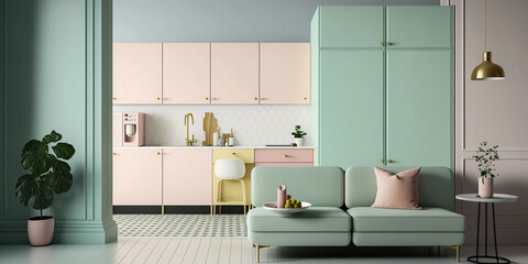 Minimalist contemporary interior in pastel colors, wall mockup, 3d render
