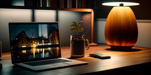 Modern dark wooden office desk at night under the warm light from table lamp with laptop