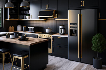 modern luxury kitchen black golden tone with wooden tabletop space for display or montage your products