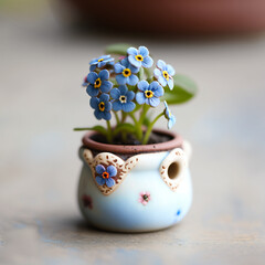 Mini Forget-me-not plant in a pot on light pastel background created with Generative AI Technology