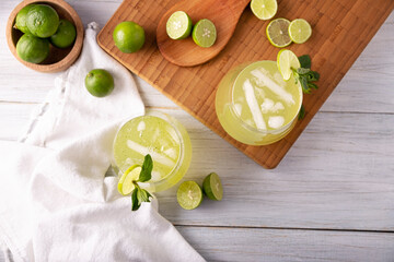 Homemade lemonade with organic lemons and mint, a popular refreshing drink in many countries. in Mexico it is part of their traditional Aguas Frescas, where it is called Agua de Limon.