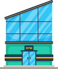 Two-storey green building in modern style with a lean-to roof.Gym or gymnasium, fitness center architecture building with barbell on top.Modern sport club fitness interior vector