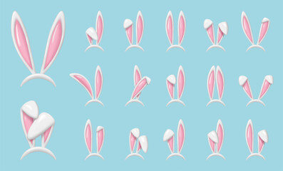 Rabbit ears realistic 3d vector illustrations set. Easter bunny ears plastic kid headband, mask collection. Hare costume pink render element. Photo editor, booth, video chat app isolated cliparts