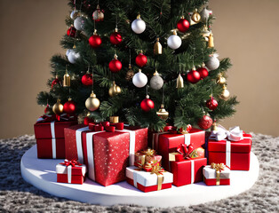 Fototapeta na wymiar Christmas tree and red gift boxes. Generative AI