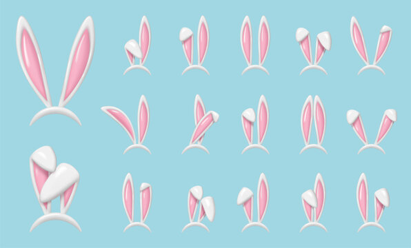 Rabbit ears realistic 3d vector illustrations set. Easter bunny ears plastic kid headband, mask collection. Hare costume pink render element. Photo editor, booth, video chat app isolated cliparts
