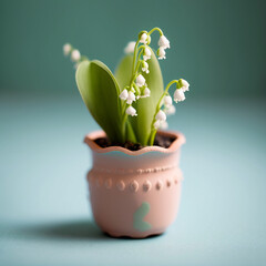 Mini Lily of the valley plant in a pot on light pastel background created with Generative AI Technology